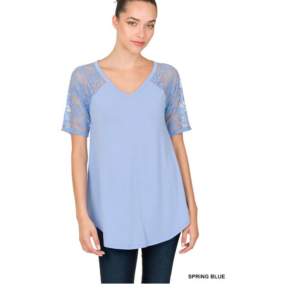 Short Sleeves Top - Spring Blue Color - Lace Sleeves - Round Hem - Picture 2 of 5